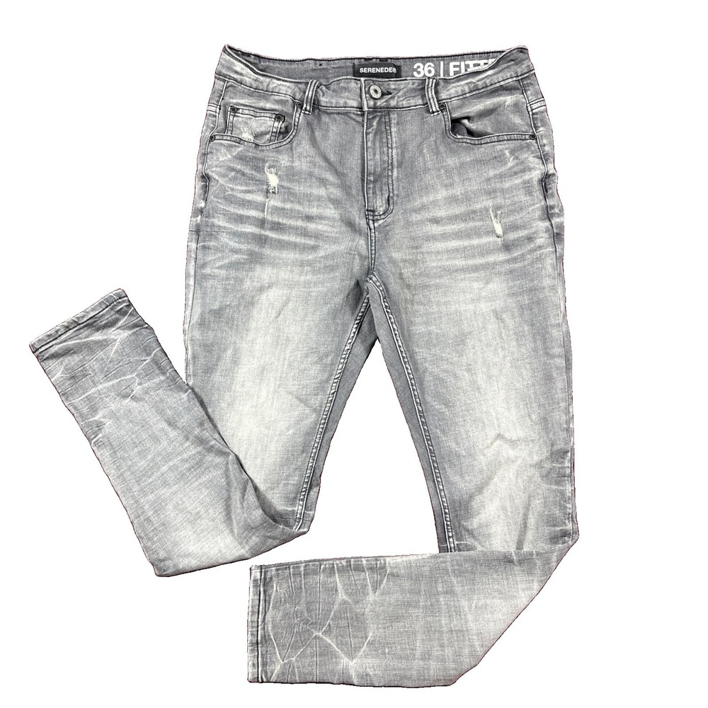 SERENEDE Gray Fitted Denim Jeans 5-Pocket Button Zip Men Fits (34x33) Distressed